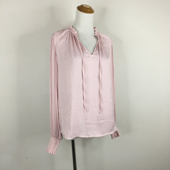 RACHEL ROY Pink Tie Collar Shirred/Ruffle Cuff Long Sleeve Blouse Shirt - Picture 1 of 9